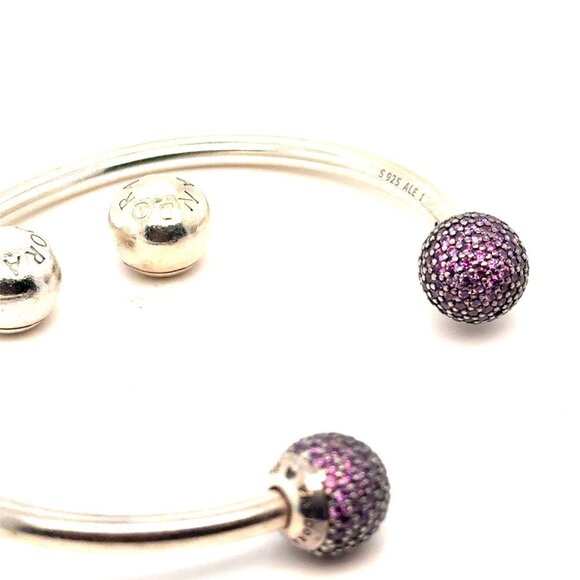 Pandora Pave Purple Cz /Silver Ball Ends Moments Cuff - Picture 4 of 4